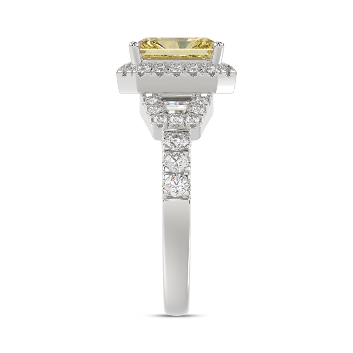 14K WHITE GOLD 2 3/4CT ROUND/BAGUETTE/RADIANT DIAMOND LADIES RING (CENTER STONE YELLOW RADIANT DIAMOND 2CT)
