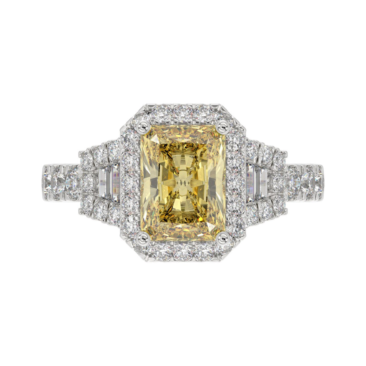 14K WHITE GOLD 2 3/4CT ROUND/BAGUETTE/RADIANT DIAMOND LADIES RING (CENTER STONE YELLOW RADIANT DIAMOND 2CT)