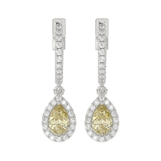 14K WHITE GOLD CRAFTED WITH 18K YELLOW GOLD BACK PLATE 1 1/2CT ROUND/YELLOW PEAR  DIAMOND LADIES EARRINGS