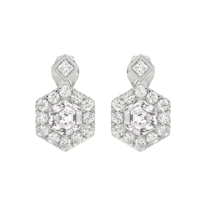 14KWHITE GOLD 2 1/4CT ROUND/HEXAGON STEP CUT DIAMOND LADIES EARRINGS