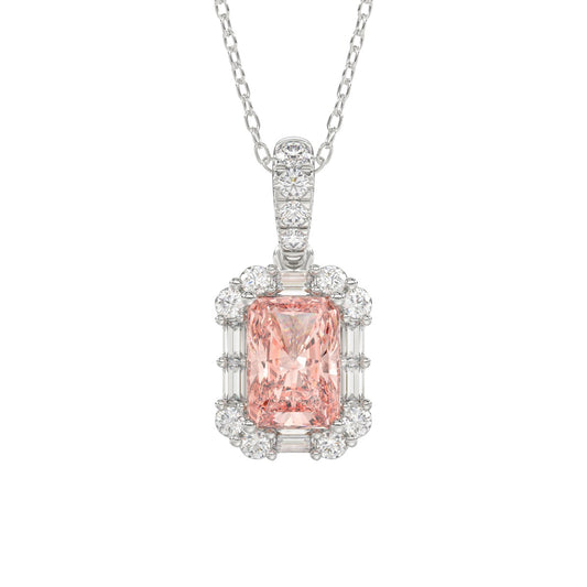 14K WHITE GOLD CRAFTED WITH 18K YELLOW GOLD BACK PLATE 1 1/4CT ROUND/BAGUETTE/PINK RADIANT DIAMOND LADIES PENDANT WITH CHAIN
