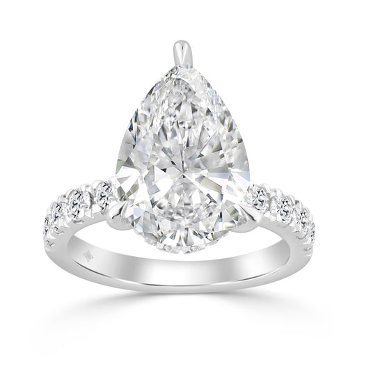 14K WHITE GOLD 3 1/2CT ROUND/PEAR DIAMOND LADIES RING (CENTER STONE PEAR DIAMOND 3CT)