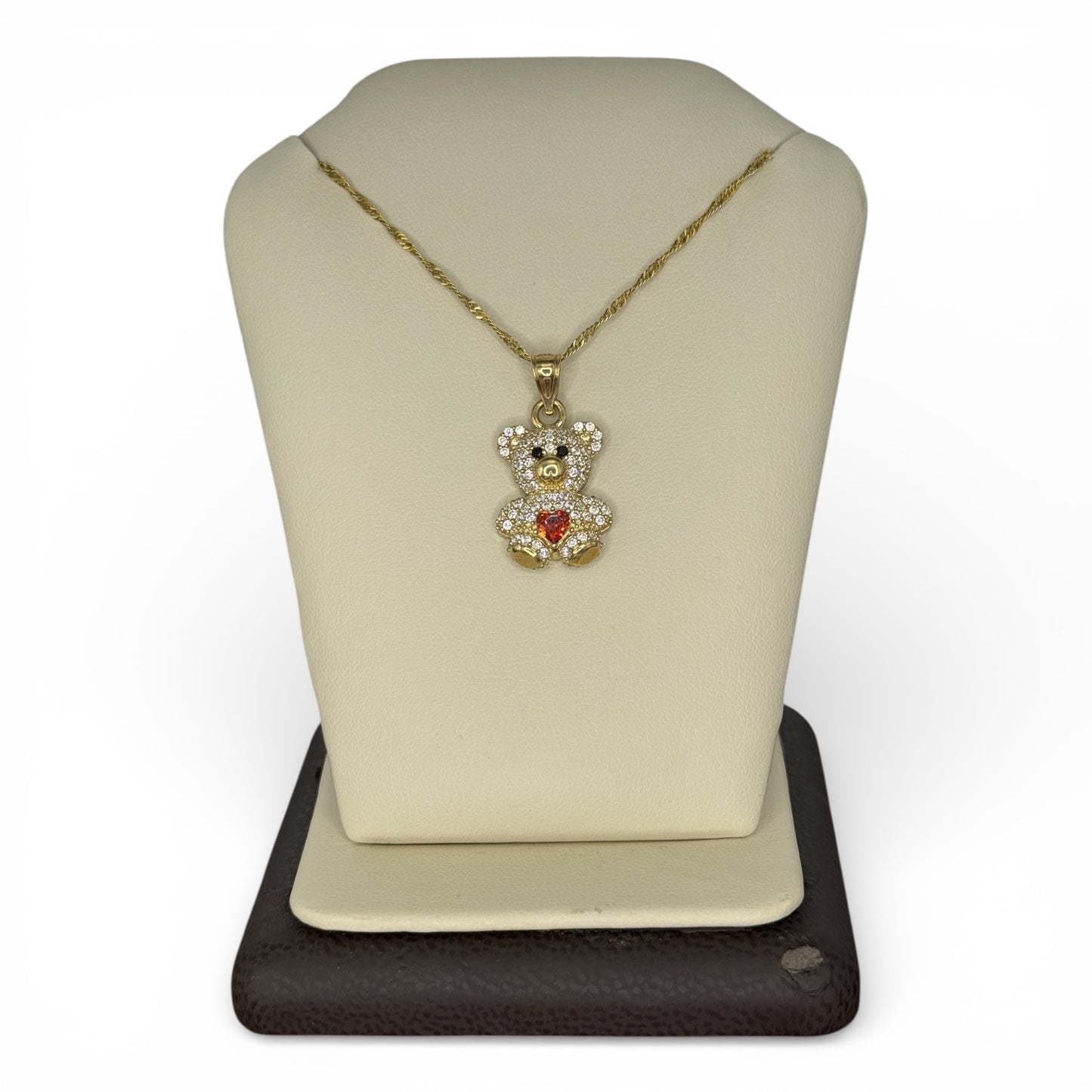 10KT Gold Red Heart CZ Teddy Bear Necklace