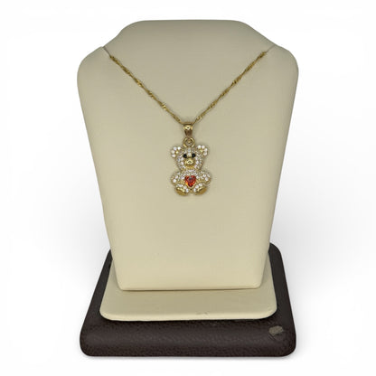 10KT Gold Red Heart CZ Teddy Bear Necklace