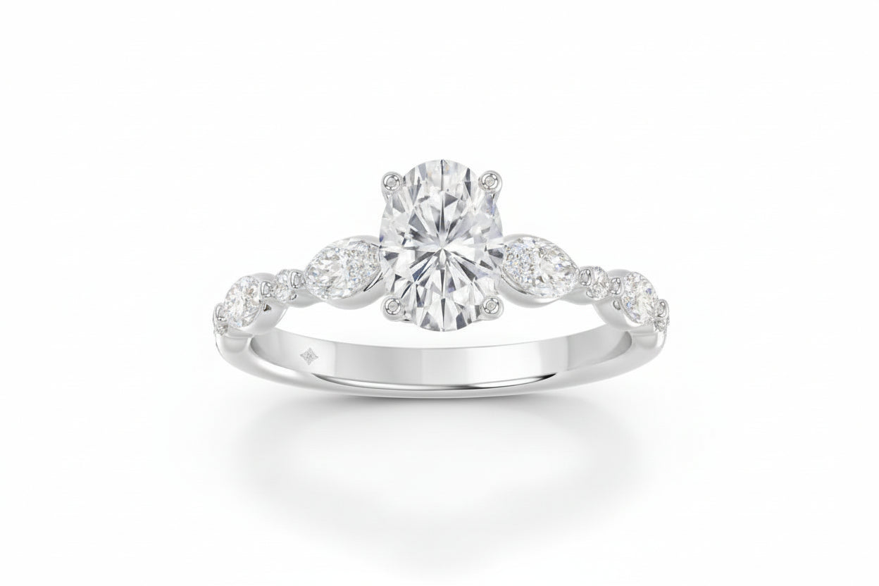 Ladies Ring 1 1/2CT Round/Oval/Marquise Diamond 14k White Gold (Center Stone Oval Diamond 1CT)