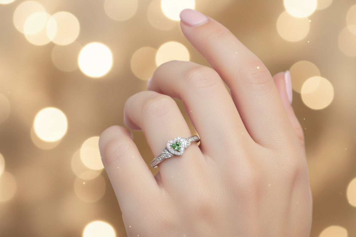 10k White Gold Heart Green Heart DIAMOND 0.16CTW Birthstone Ring