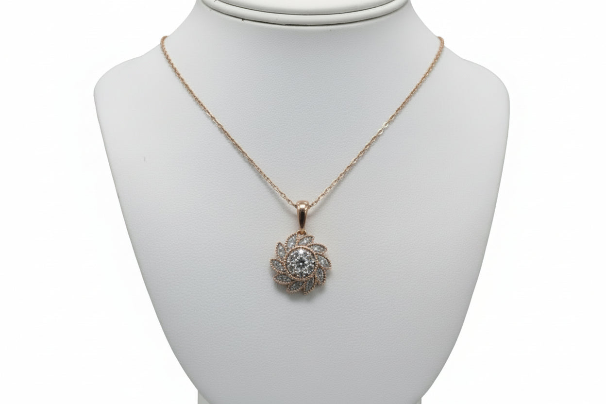 10k Rose Gold LAB Tilted Flower DIAMOND 0.15CTW Necklace
