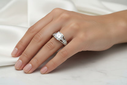 14K WHITE GOLD 2 1/2CT ROUND/CUSHION DIAMOND LADIES RING (CENTER STONE CUSHION DIAMOND 2CT)