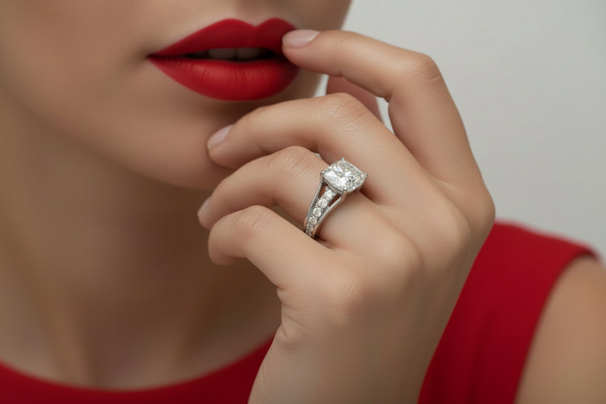 14K WHITE GOLD 2 1/2CT ROUND/CUSHION DIAMOND LADIES RING (CENTER STONE CUSHION DIAMOND 2CT)