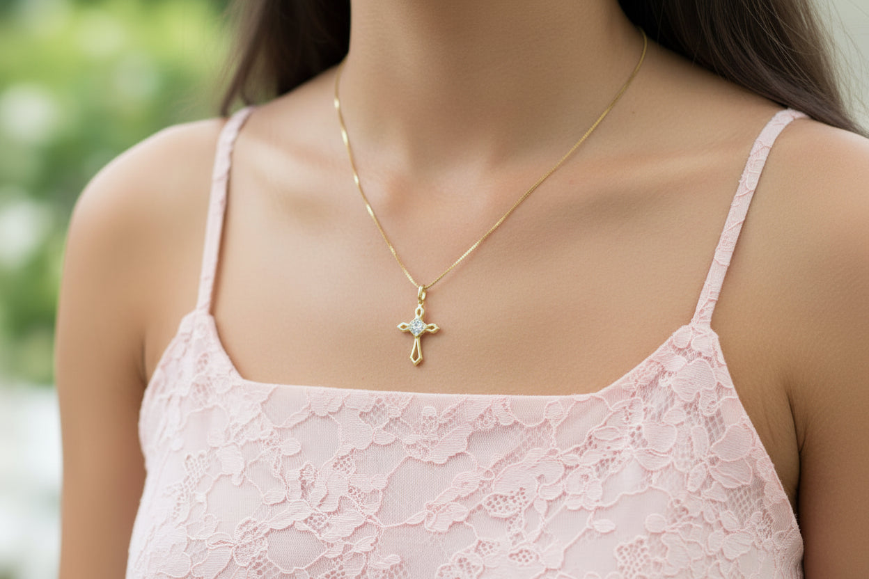 10k Yellow Gold Cross DIAMOND 0.10CTW Necklace