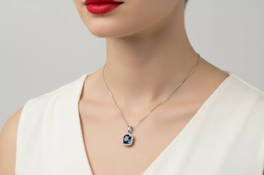 18k White Gold Oval Blue Topaz DIAMOND 0.08CTW Necklace