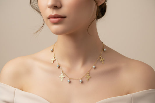14k Yellow Gold Cross/Beads Necklace
