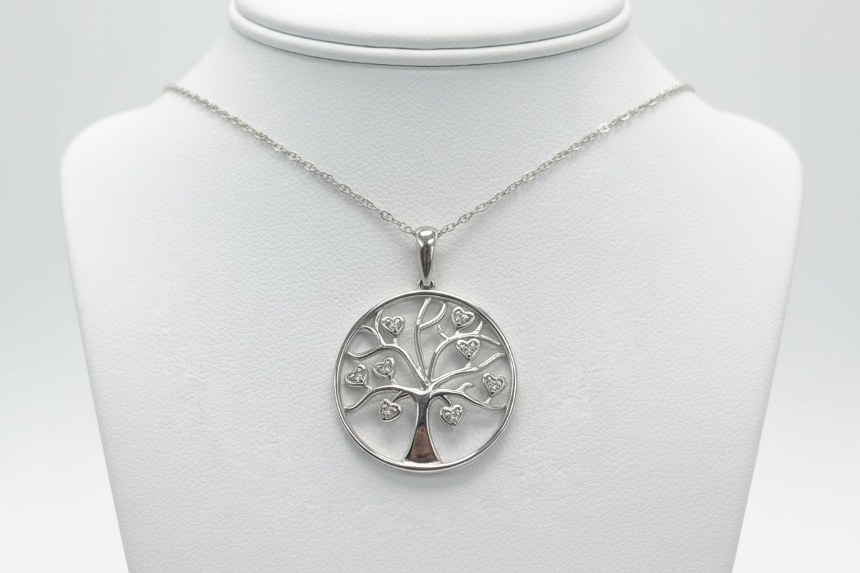 10k White Gold Tree of Life /Heart DIAMOND 0.05CTW Necklace