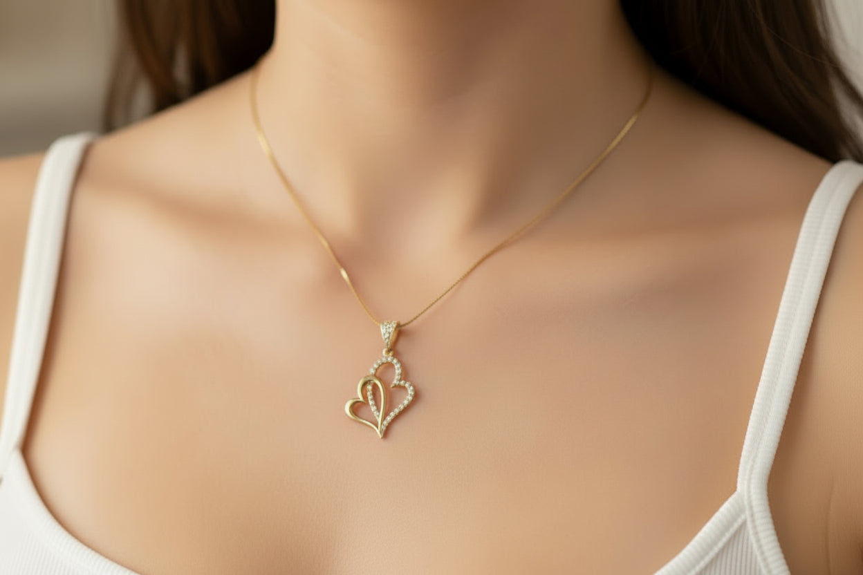 14k Yellow Gold Double Heart CZ Necklace