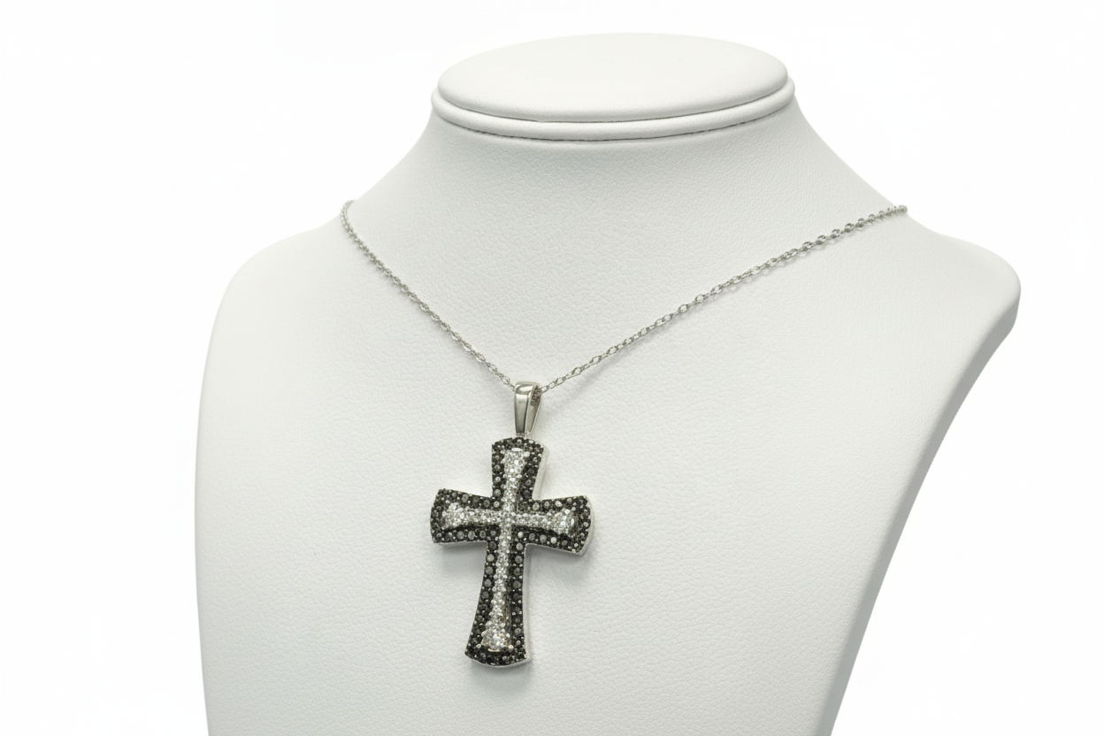 10k White Gold Black DIAMOND Cross 0.25CTW Necklace
