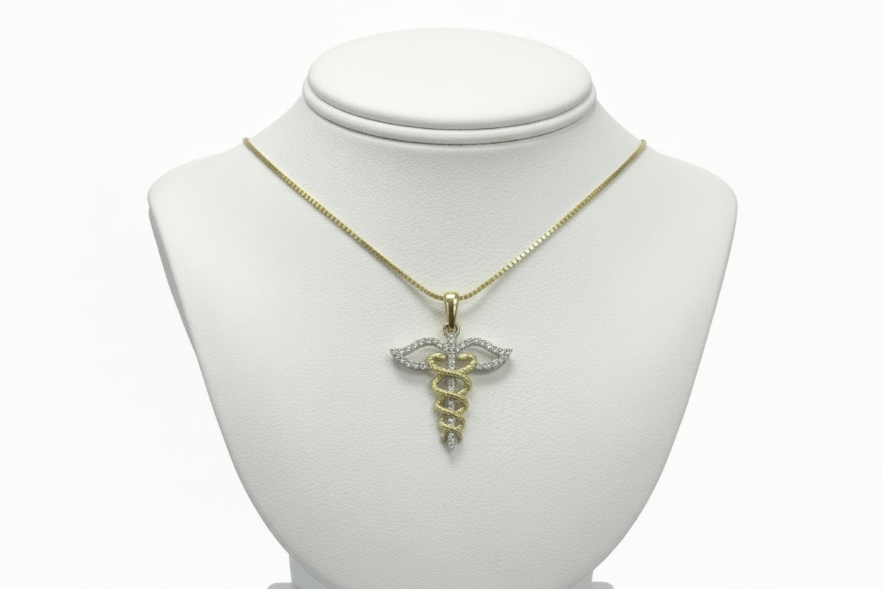 10k Yellow Gold Caduceus DIAMOND 0.18CTW Necklace