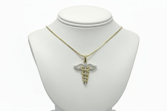 10k Yellow Gold Caduceus DIAMOND 0.18CTW Necklace
