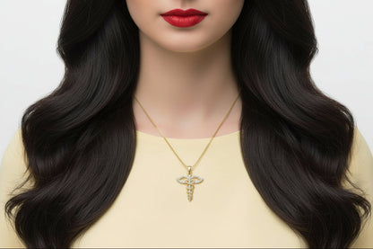 10k Yellow Gold Caduceus DIAMOND 0.18CTW Necklace