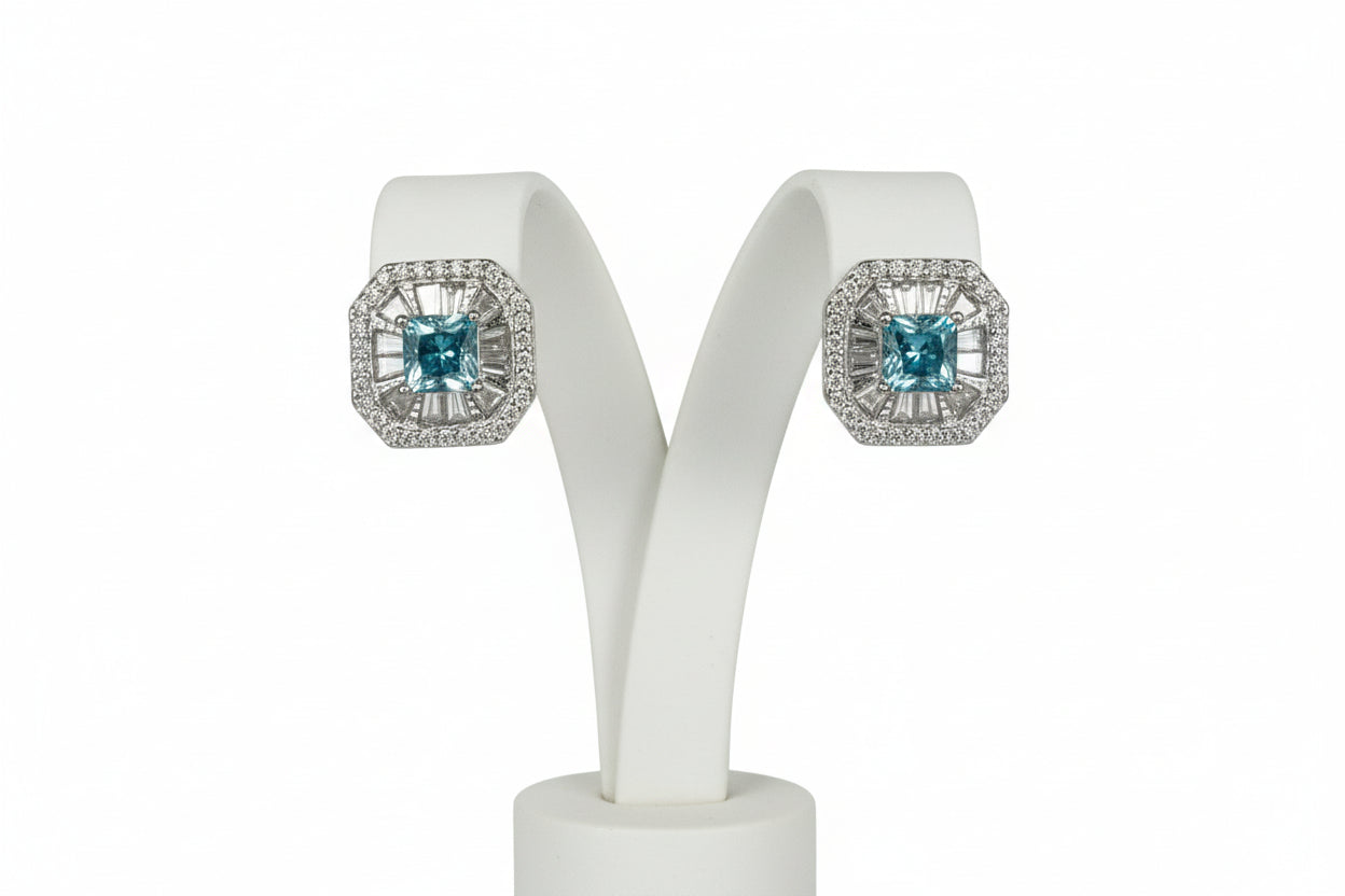 925 Silver Moissanite 2.85CTW Blue Topaz Square/Cushion Cut Earings