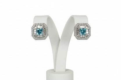 925 Silver Moissanite 2.85CTW Blue Topaz Square/Cushion Cut Earings