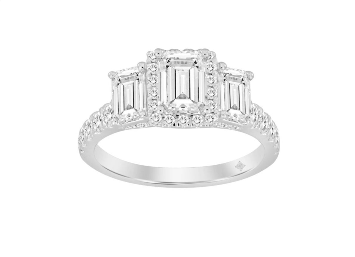 LADIES RING 2 1/2CT ROUND/EMERALD DIAMOND 14K WHITE GOLD (CENTER STONE EMERALD DIAMOND 1CT )