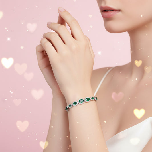 925 Silver Oval Emerald / Beaded  Bracelet cz