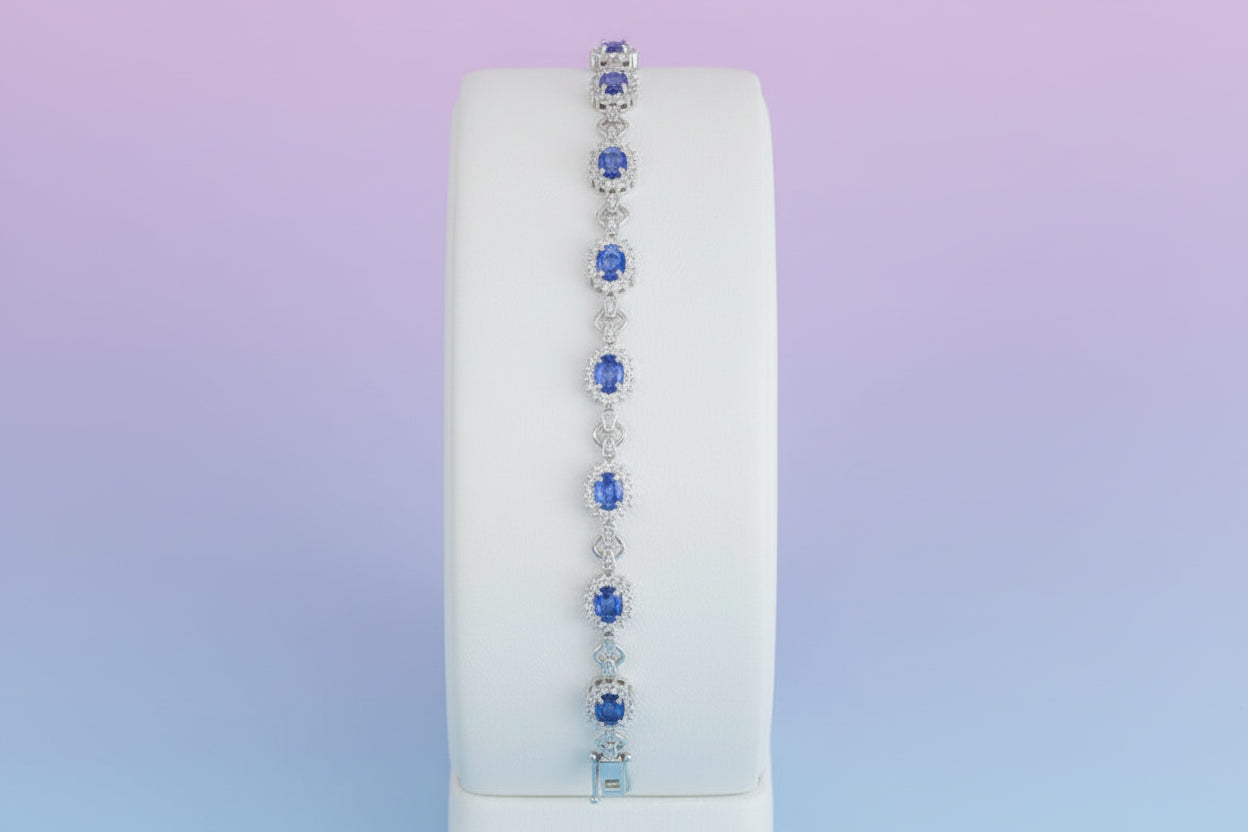 925 Silver Oval tanzanite Flower Bracelet cz