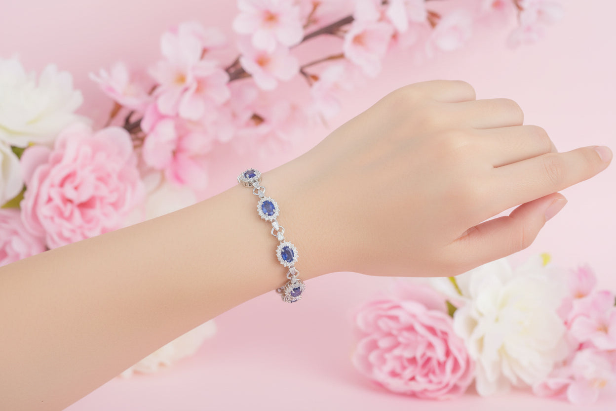 925 Silver Oval tanzanite Flower Bracelet cz
