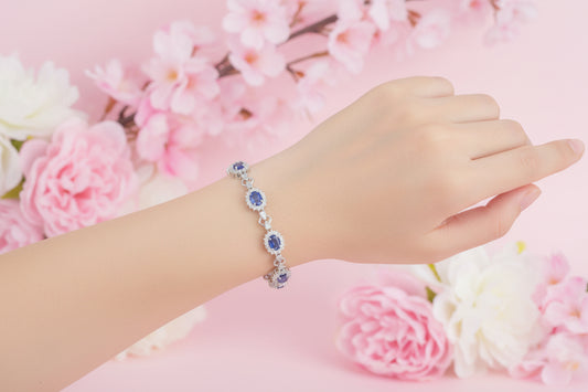 925 Silver Oval tanzanite Flower Bracelet cz