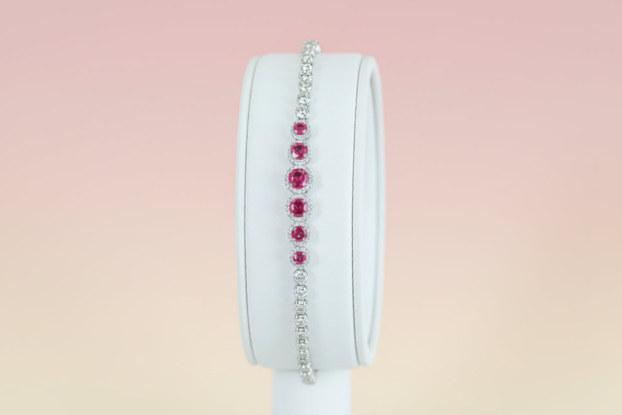 925 Silver Round Ruby / Beaded  Bracelet cz