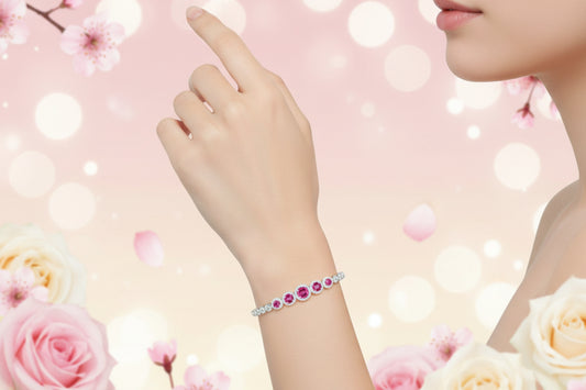 925 Silver Round Ruby / Beaded  Bracelet cz