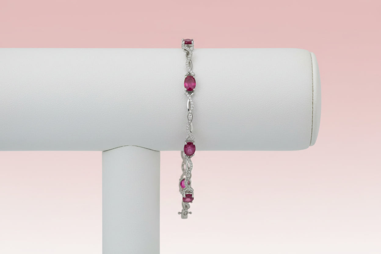 925 Silver Oval Ruby Infinity Bracelet cz