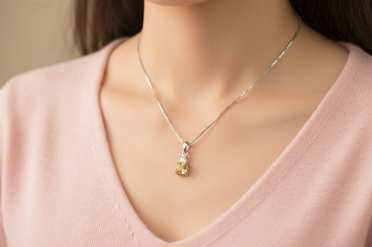 925 Silver Citrine Princess Cut Necklace cz