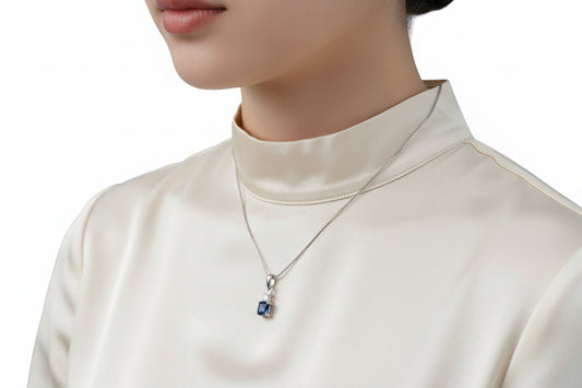 925 Silver Sapphire Princess Cut Necklace cz