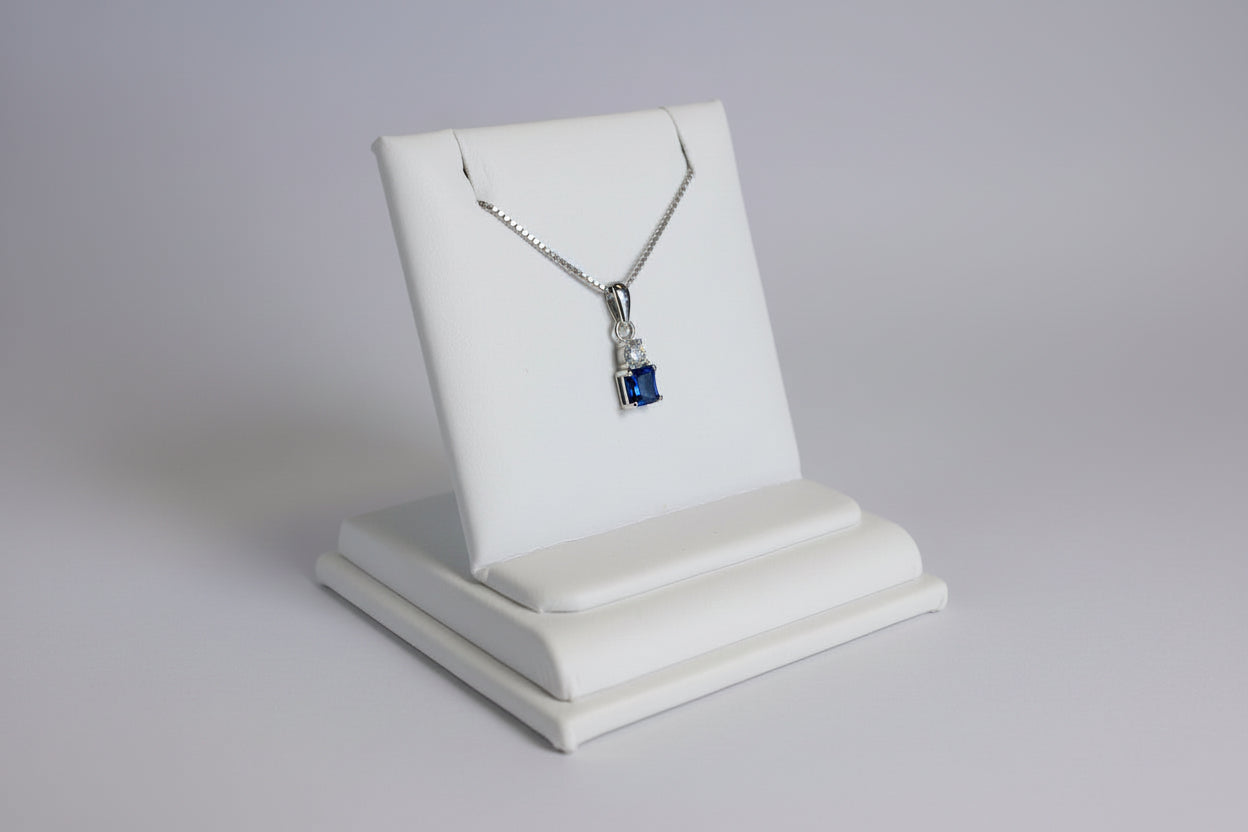 925 Silver Sapphire Princess Cut Necklace cz