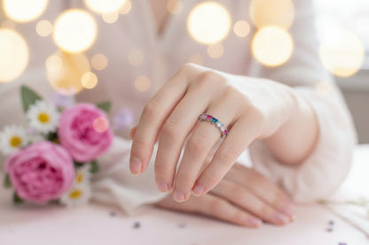 925 Silver Multi Colored Birthstone Heart cz  Ring