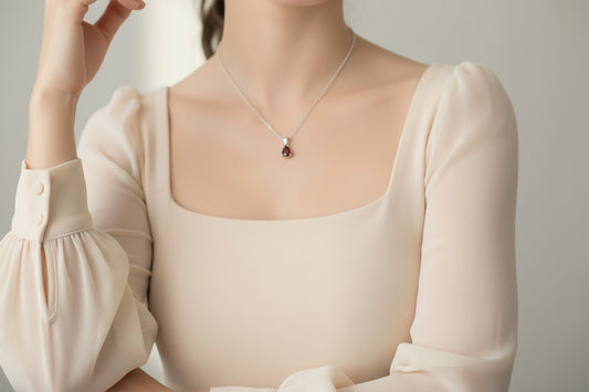 925 Silver Garnet Pear Necklace cz