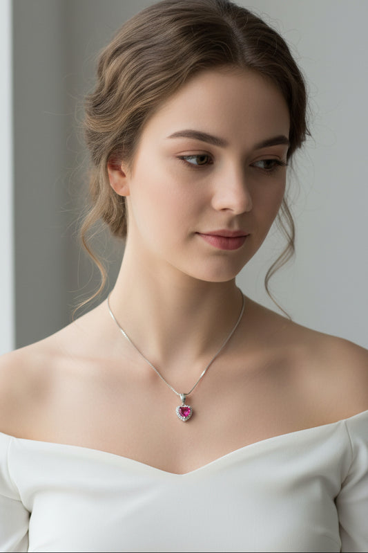 925 Silver Ruby Heart Necklace cz