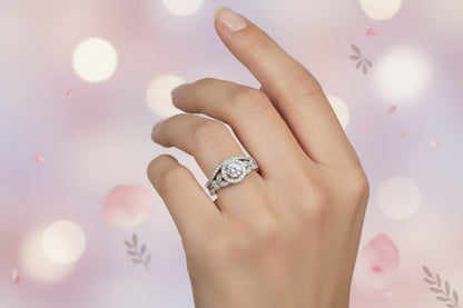 925 Silver Round with Floral design Ring Set cz