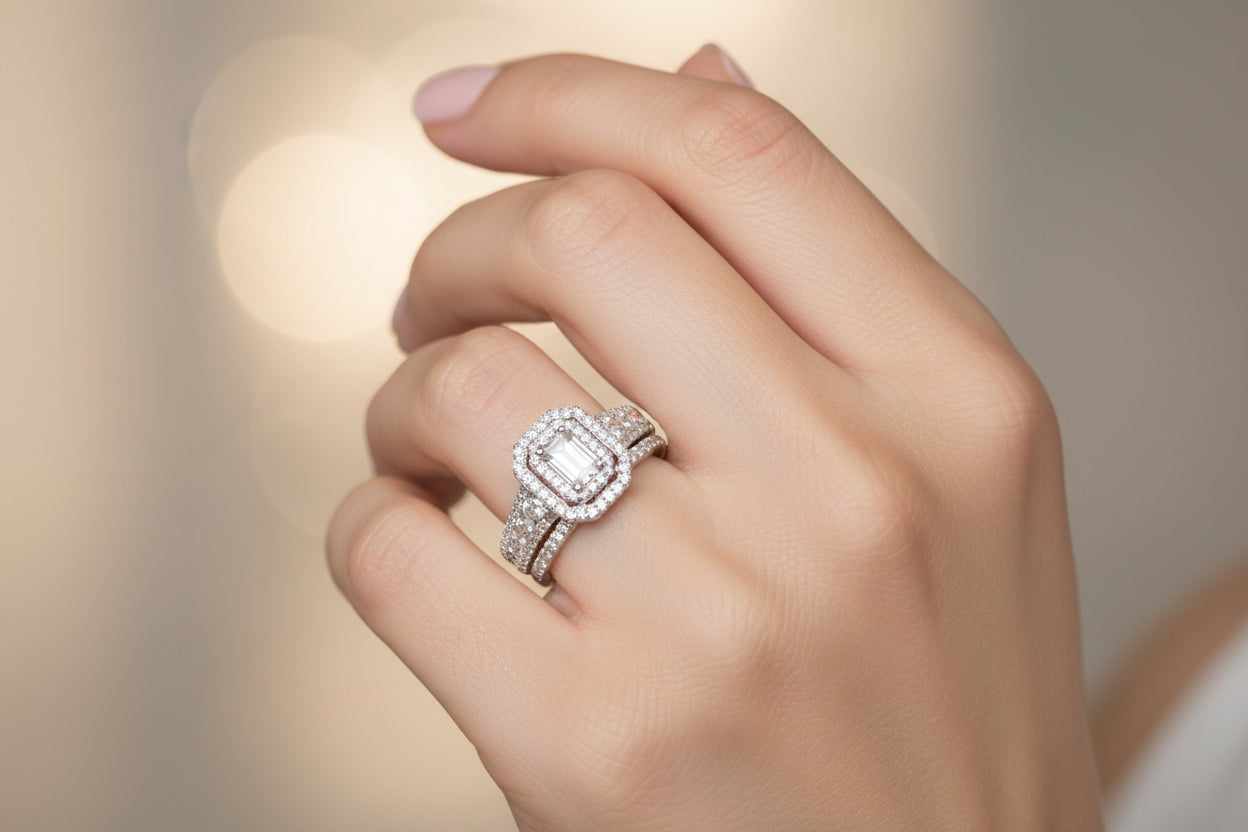 925 Silver Emerald Cut Ring Set cz