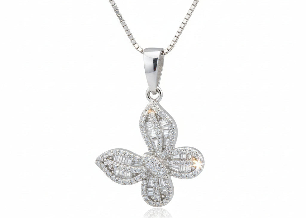 925 Silver Tilted Butterfly Necklace cz