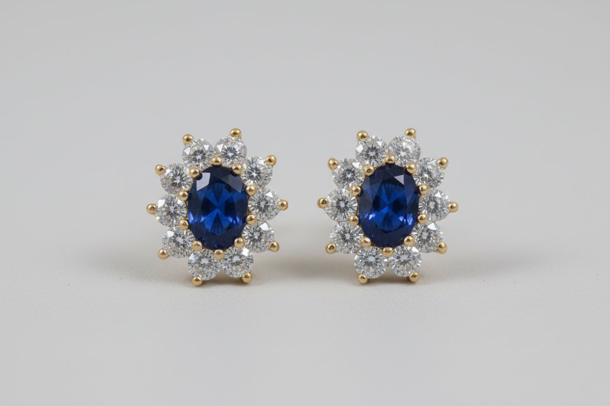 14k YG Sapphire Oval Flower Birthstone Earings cz