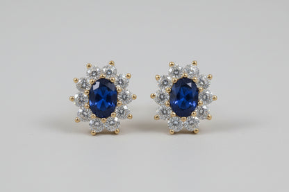 14k YG Sapphire Oval Flower Birthstone Earings cz