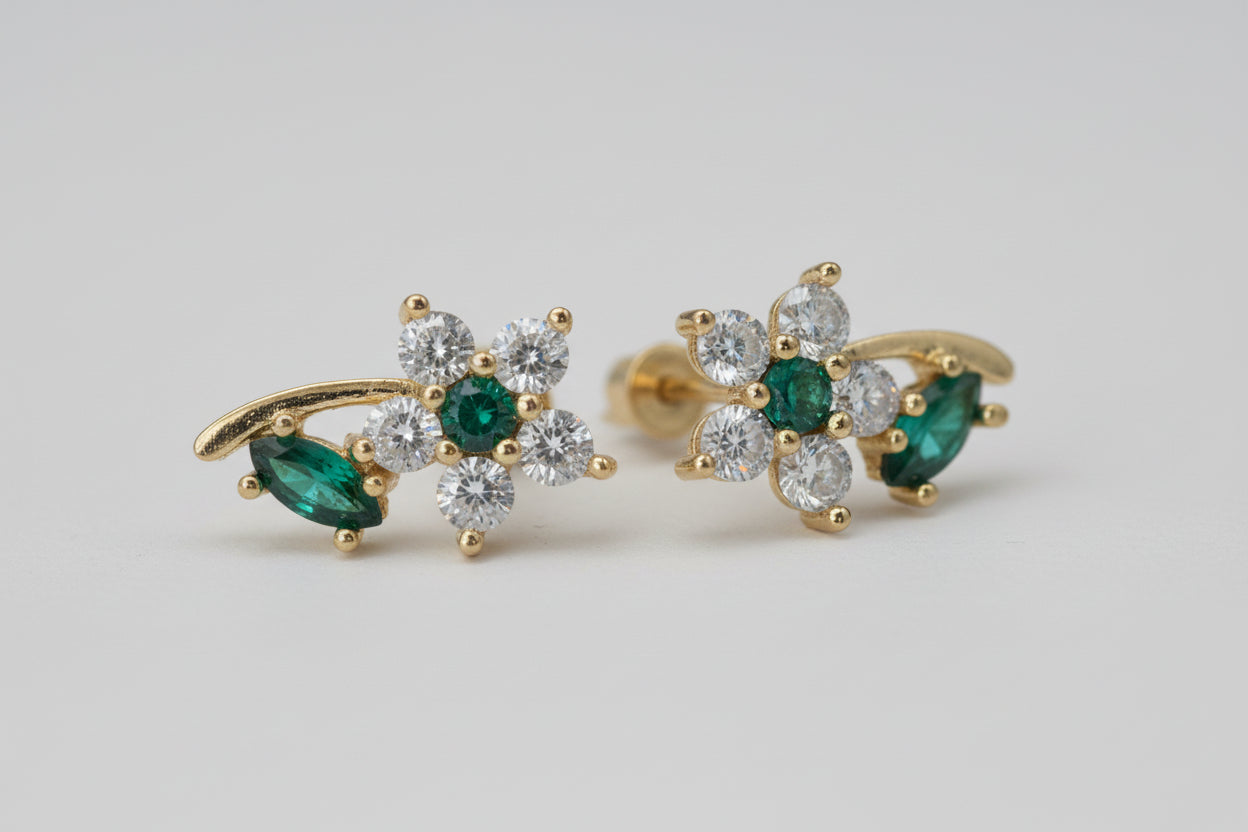 14k Yellow Gold Emerald Flower Earings cz