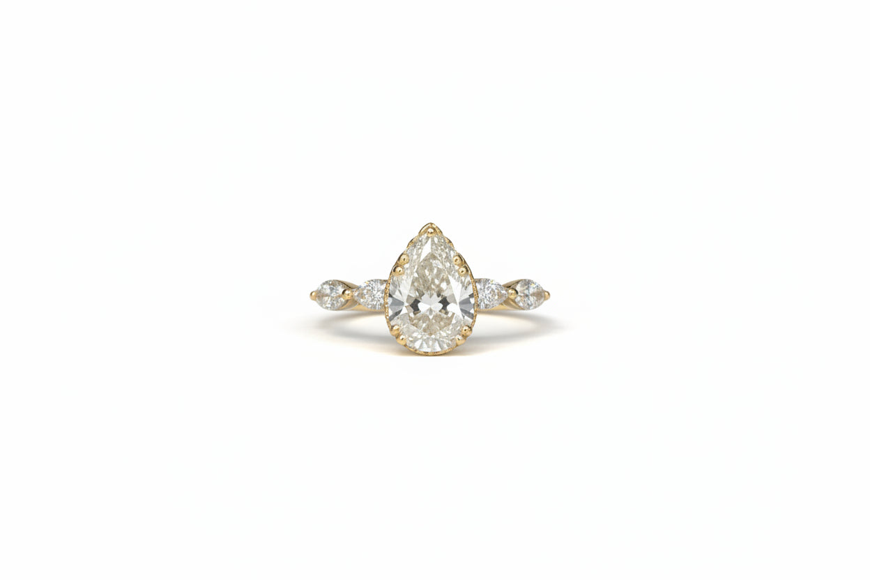 14k Yellow Gold LAB Pear/ Marquise sides Ring (Center Pear DIA 1.50CTR) Total 2.00CTW