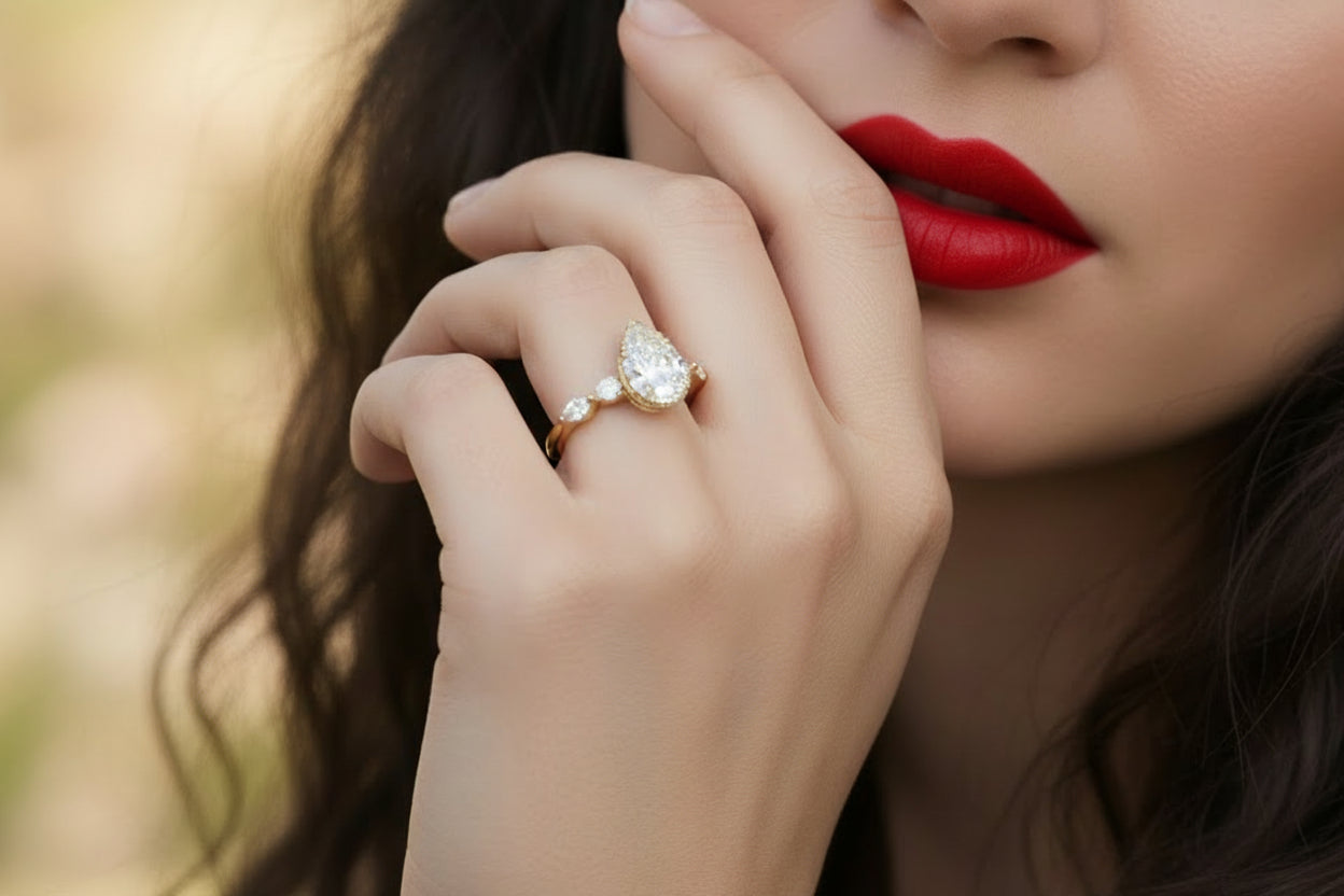 14k Yellow Gold LAB Pear/ Marquise sides Ring (Center Pear DIA 1.50CTR) Total 2.00CTW