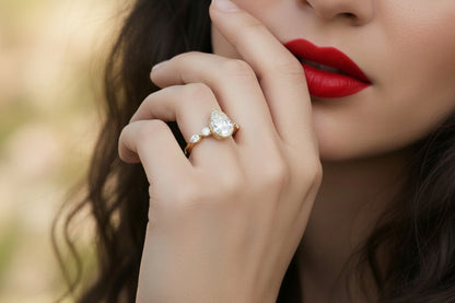 14k Yellow Gold LAB Pear/ Marquise sides Ring (Center Pear DIA 1.50CTR) Total 2.00CTW