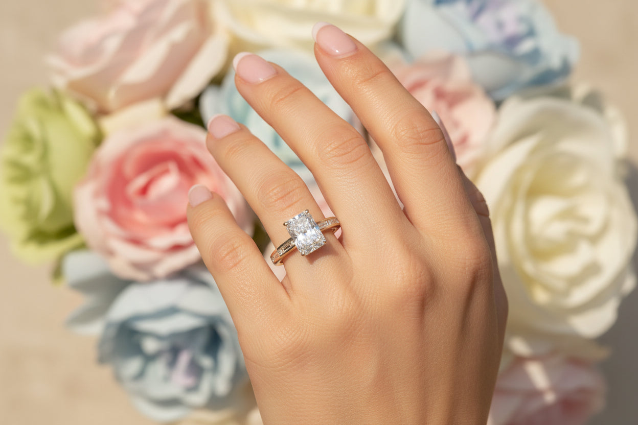 14K YELLOW GOLD LAB  3 1/2CT ROUND/BAGUETTE/RADIANT DIAMOND LADIES RING