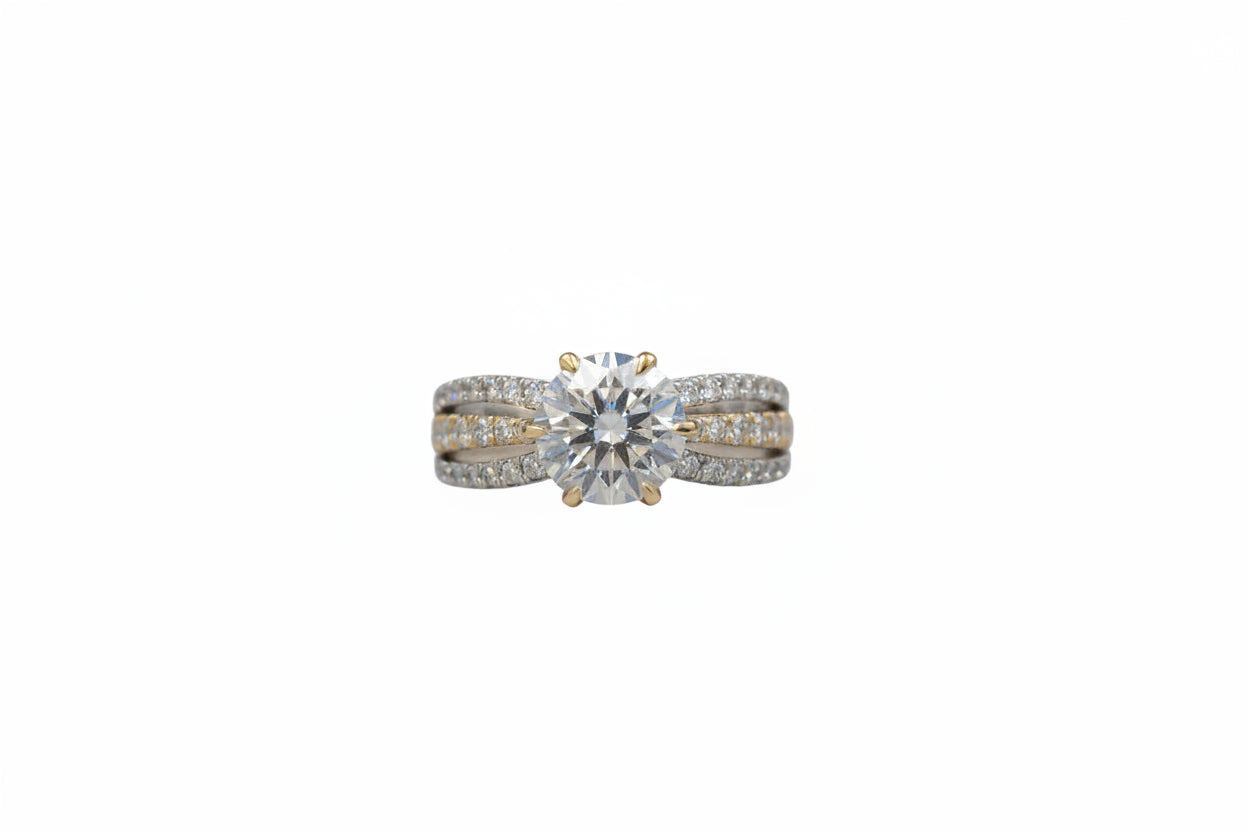 14K Yellow / White Gold bow-tie band Ladies Round LAB Ring (Center Round DIAMOND 2.00CTR) Total 2.75CTW