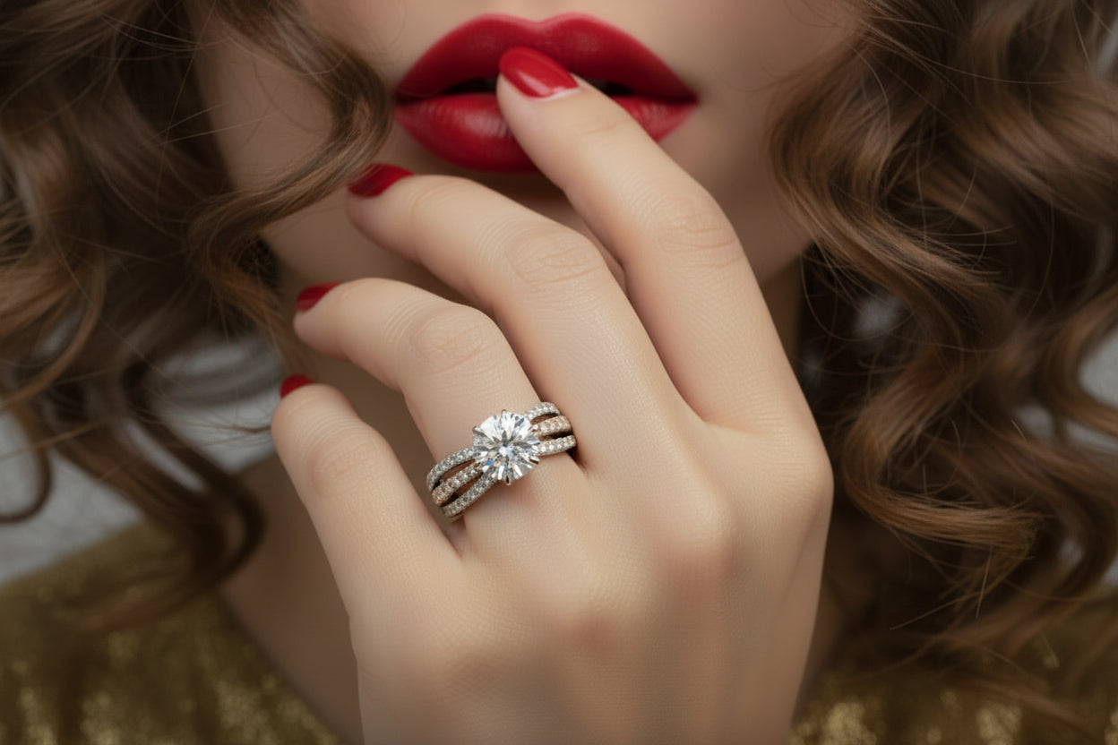 14K Yellow / White Gold bow-tie band Ladies Round LAB Ring (Center Round DIAMOND 2.00CTR) Total 2.75CTW